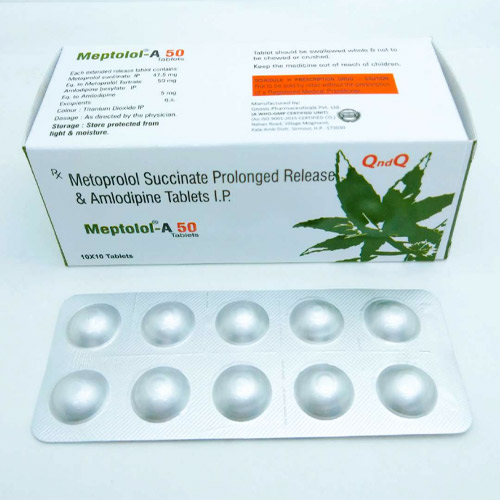 Metoprolol Succinate Prolonged Release & Amlodipine Tablets I.P. Metoprolol 50mg+Amlodipine 5mg Tablets